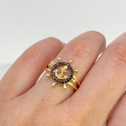 Anillo Ancla Timón Circones Negros Oro amarillo 18k / Talla 6 1/4 / 2,72 Gr