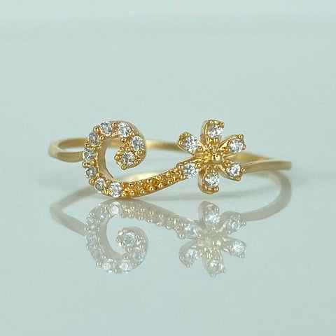 Anillo Flor Linea Curva Circones Blancos Oro amarillo 18k / Talla 6 1/4 / 0,85 Gr