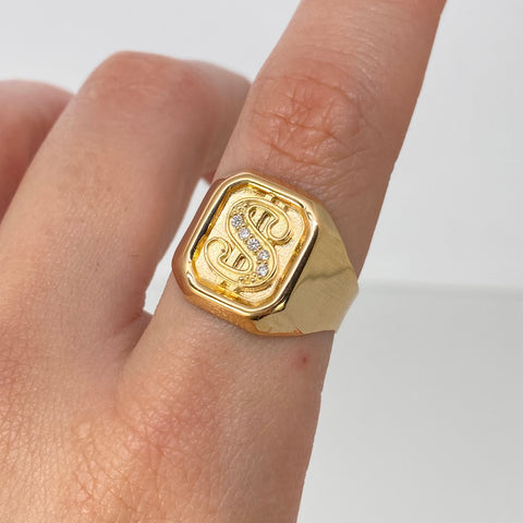 Anillo Sello Signo Dolar Circones Blancos Oro amarillo / Talla 8 3/4 / 3,75 Gr †
