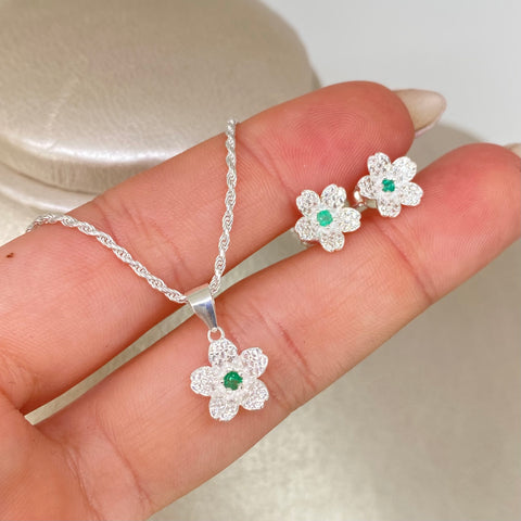 Set Cadena Lazo + Dije 10Pts Topos 1.8Pts Flor Esmeraldas Circones Plata 925 4,95 Gr / 1,3 mm / 45 Cm *
