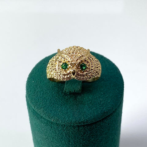 Anillo Búho Circones Verdes Oro amarillo 18k / Talla 9 1/4 / 7,12 Gr