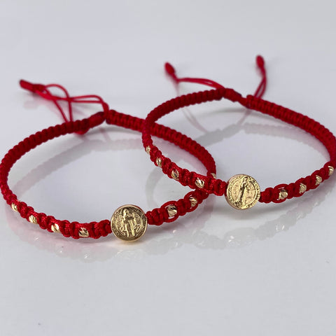 Pulsera tejida Pareja Herraje San Benito / BD 8uni 3mm / Hilo Rojo Oro amarillo 1,25 Gr *