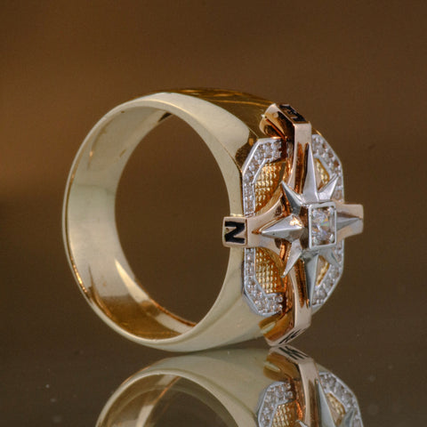 Anillo Brujula Cuadro Circones Blancos Tres oros 18k / Talla 10 / 10 Gr †