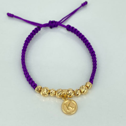 Pulsera tejida Dije Letra K / BD 8uni 5/4mm / Hilo Morado Oro amarillo 18k 1,15 Gr *
