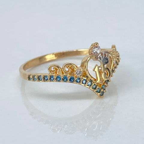 Anillo Tiara 15 Años Circones Azules Y Blancos Oro amarillo 18k / Talla 7 1/4 / 2,05 Gr