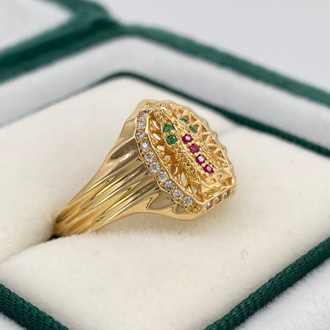 Anillo Contorno Virgen Guadalupe Circones Blancos Fucsias Y Verdes Oro amarillo 18k / Talla 7 1/2 / 4,64 Gr *