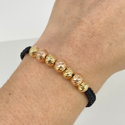 Pulsera tejida Bolas Diamantadas  7uni 8/7mm / Hilo Negro Oro amarillo y Oro rosa 18k 1,95 Gr *