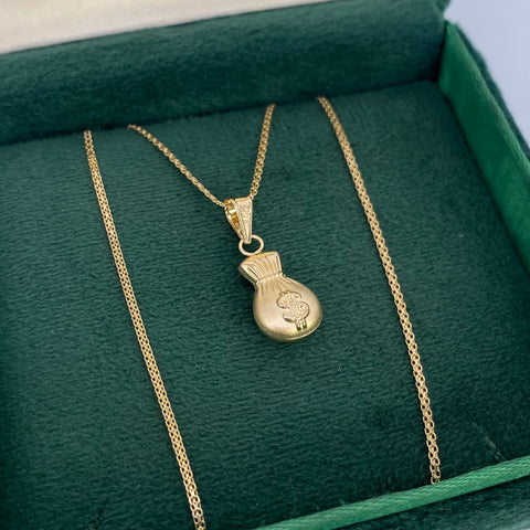 Set Cadena ● Mini China + Dije Bolsa Dinero Oro amarillo 18k 3 Gr / 1,2 mm / 60 Cm *