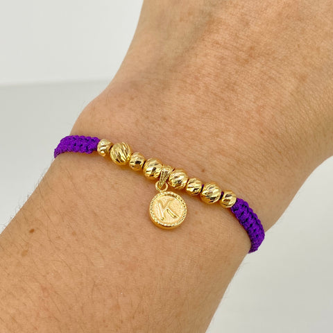 Pulsera tejida Dije Letra K / BD 8uni 5/4mm / Hilo Morado Oro amarillo 18k 1,15 Gr *