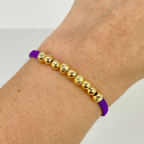 Pulsera tejida BD 4uni 6mm / BL 5uni 5mm / Hilo Morado Oro amarillo 18k 1,03 Gr *