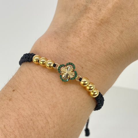 Pulsera tejida Herraje Trebol Circones Verdes / BL 6uni 5mm / Hilo Negro Oro amarillo 18k 1,44 Gr †