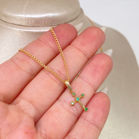 Set Cadena ● Cubana + Dije Cruz Esmeralda Oro amarillo 18k 1,75 Gr / 1,5 mm / 45 Cm *