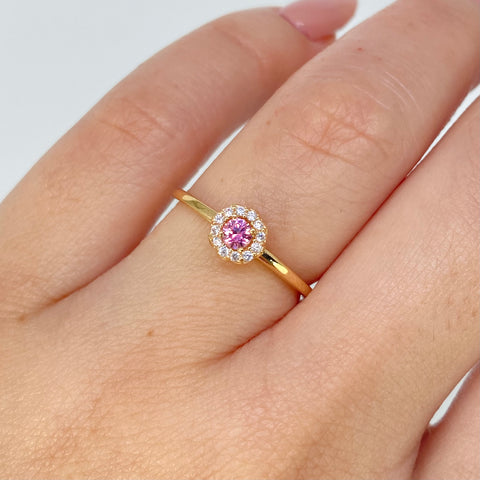 Anillo Solitario Circulo Circones Blancos Rosa Oro amarillo / Talla 6 1/4 / 1,48 Gr †