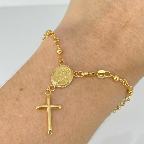 Pulso Denario Virgen Milagrosa Bolas Lisas 3mm Oro amarillo 18k 3,45 Gr / 19,5 Cm †