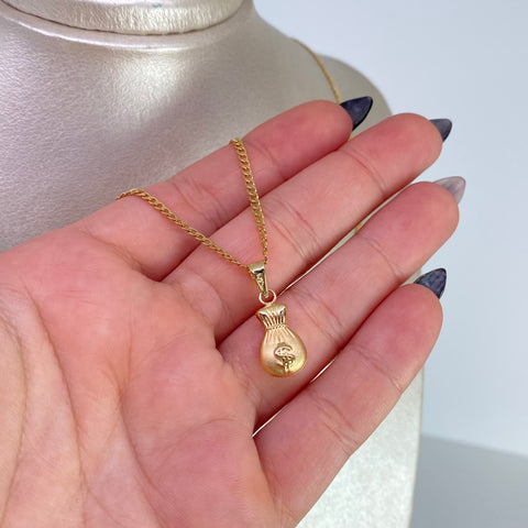 Set Cadena Cubana + Dije Bolsa Dinero Oro amarillo 18k 2,89 Gr / 2 mm / 60 Cm †