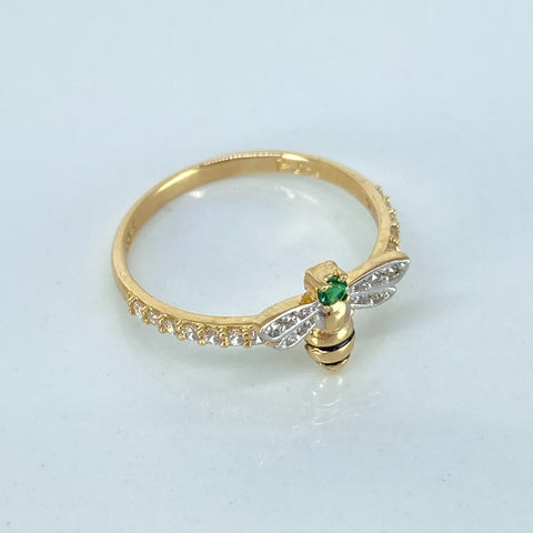 Anillo Abeja Circones Blancos Verde Oro amarillo y Oro blanco 18k / Talla 6 3/4 / 1,9 Gr *