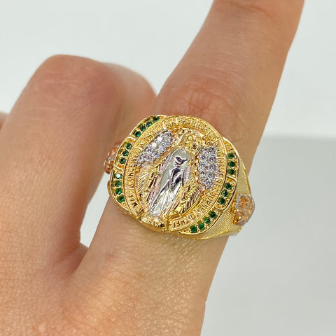 Anillo Virgen Milagrosa Circones Verdes Blancos Tres oros 18k / Talla 10 3/4 / 10,93 Gr