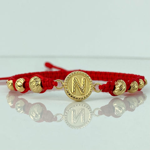 Pulsera tejida Herraje Letra N / BD 8uni 6/5/4/3mm / Hilo Rojo Oro amarillo 18k 1,34 Gr *