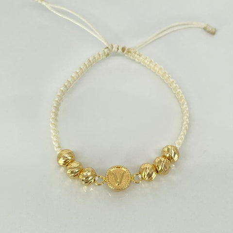 Pulsera tejida Herraje Letra V BD 6mm 6uni Hilo Blanco Oro amarillo 18k 1,28 Gr *