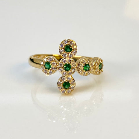 Anillo Cruz Circones Blancos Y Verdes Oro amarillo 18k / Talla 6 1/4 / 2,51 Gr