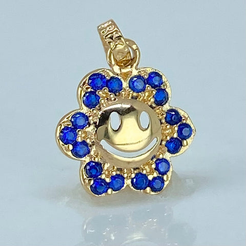 Dije Flor Carita Feliz Circones Azules Oro amarillo 0,55 Gr / 1,5 Cm