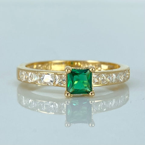 Anillo Solitario Circones Verde Blanco Oro amarillo 18k / Talla 6 3/4 / 2,4 Gr †
