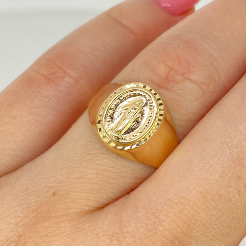 Anillo Sello Virgen Milagrosa Oro amarillo 18k / Talla 7 3/4 / 2,07 Gr *