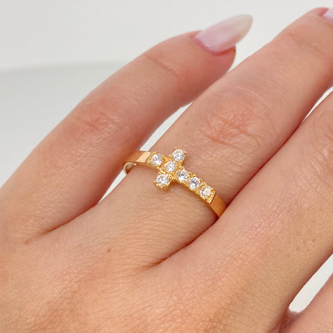 Anillo Cruz Circones Blancos Oro amarillo / Talla 8 1/2 / 1,93 Gr †