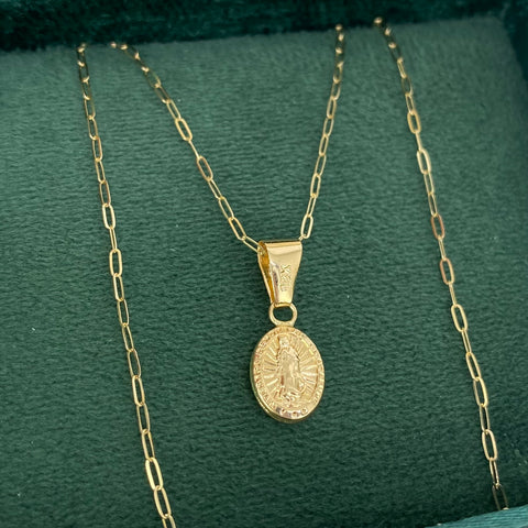 Set Cadena ● Mini Cajón + Dije Virgen Guadalupe Oro amarillo 18k 1,30 Gr / 1 mm / 45 Cm *