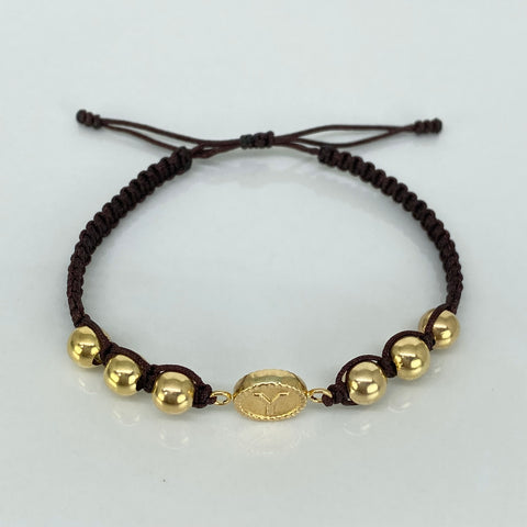 Pulsera tejida Herraje Letra Y / BL 6uni 6mm / Hilo Cafe Oro amarillo 18k 1,8 Gr *