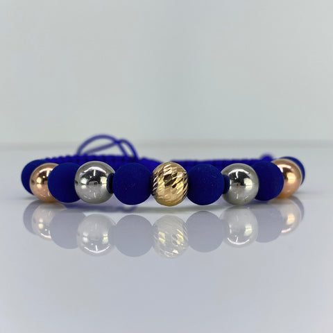 Pulsera tejida Bolas Lisas 8 mm Y Diamantada 8 mm / Neoprenos  Hilo Azul Tres oros 18k 1,73 Gr *