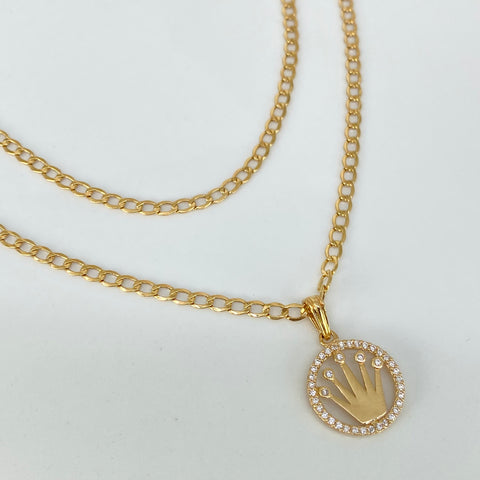 Set Cadena ● Cubana + Dije Corona RX Circones Blancos Oro amarillo 18k 4,1 Gr / 2,7 mm / 45 Cm *