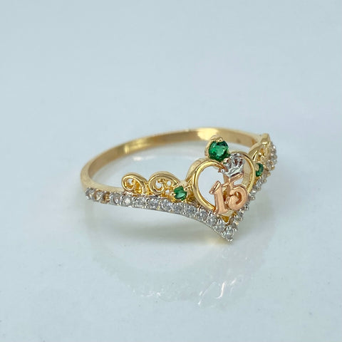 Anillo Tiara 15años Circones Blancos Verdes Tres oros / Talla 7 1/4 / 2 Gr †