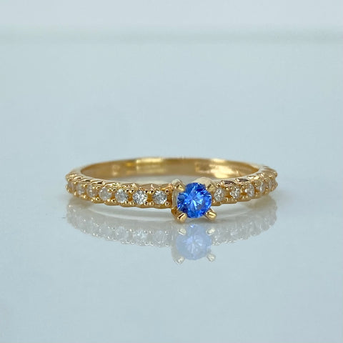Anillo Solitario Circones Blancos Azul Oro amarillo / Talla 6 / 1,7 Gr †