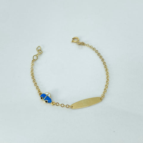 Pulso bebé ● Placa Ovalada Carro Azul Aro Seguido Oro amarillo 18k +3 / 1,32 Gr / 2 mm / 14 Cm *
