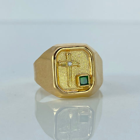 Anillo Sello Cruz CT Circones Blanco Verde Oro amarillo / Talla 10 3/4 / 3,4 Gr †
