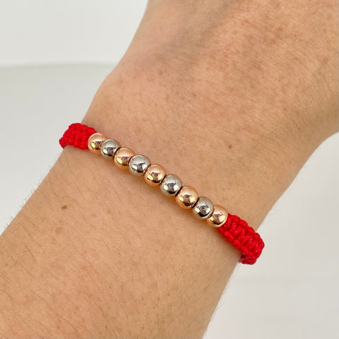 Pulsera tejida Bolas Lisas 9uni 5mm / Hilo Rojo Oro blanco y Oro rosa 18k 1,09 Gr *