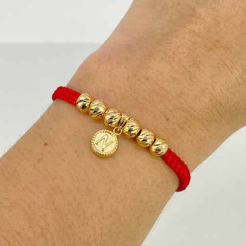 Pulsera tejida Bebe Dije Letra N / BD 6uni 6mm / Hilo Rojo Oro amarillo 18k 1,28 Gr *