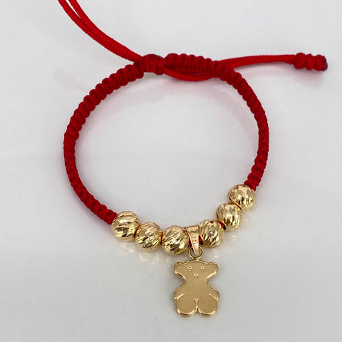 Pulsera tejida Dije Oso TS / BD 6uni 7mm / Hilo Rojo Oro amarillo 18k 2 Gr *