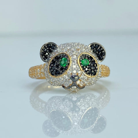 Anillo Oso Circones Blancos Negros Verdes Oro amarillo y Oro blanco 18k / Talla 7 1/4 / 4,15 Gr *