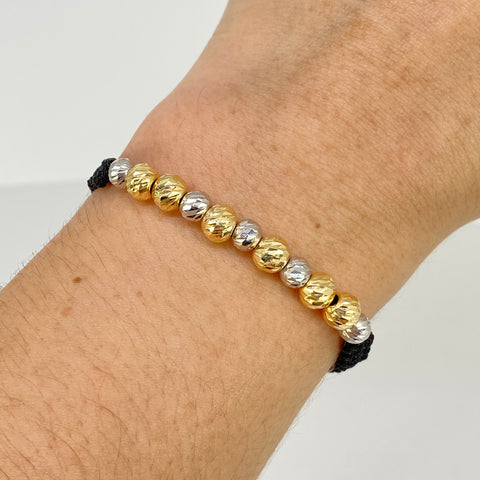 Pulsera tejida Bolas Diamantadas 11uni 6/5mm / Hilo Negro Oro amarillo y Oro blanco 18k 1,51 Gr *