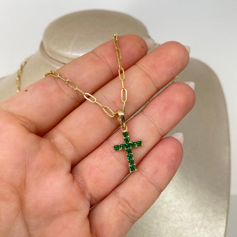 Set Cadena ● Cajon + Dije Cruz Circones Verdes Oro amarillo 18k 2,68 Gr / 2,3 mm / 45 Cm †