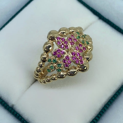 Anillo Flor Circones Fucsias Y Verdes Oro amarillo 18k / Talla 8 / 4,60 Gr