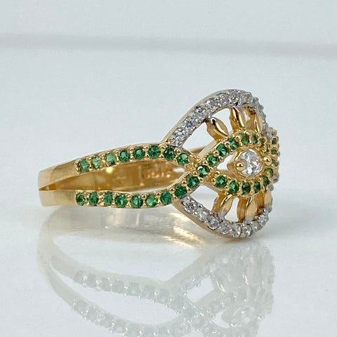 Anillo Ojo Circones Blancos Verdes Oro amarillo 18k / Talla 6 1/2 / 2,61 Gr