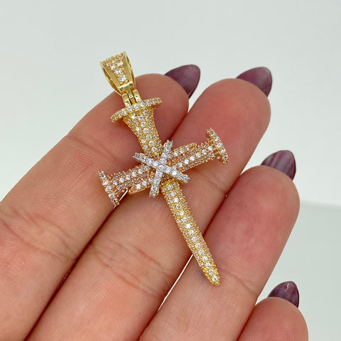 Dije Cruz Clavo Circones Blancos Tres oros 18k 7,35 Gr / 5 Cm  *