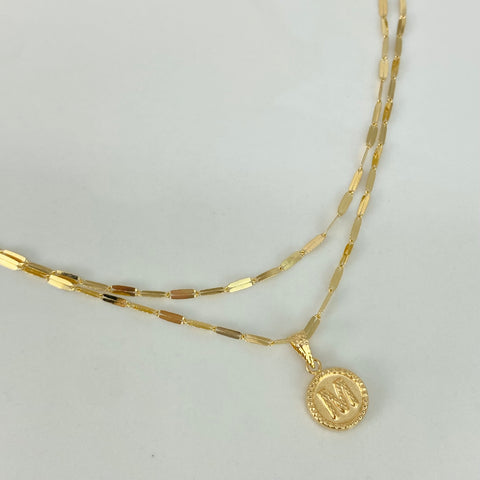 Set Cadena ● Flor Espejo + Dije Letra M Oro amarillo 18k 2,1 Gr / 1,7 mm / 45 Cm †