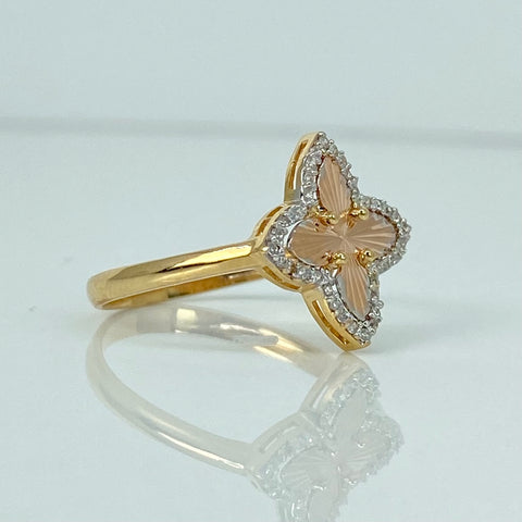 Anillo Trebol Diamantado Circones Blancos Oro amarillo y Oro rosa 18k / Talla 7 1/2 / 2,07 Gr *