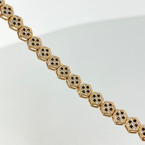 Pulso Tennis Circones Blancos Negros NAC ESP Oro amarillo 18k +1 / 15,66 Gr / 5,5 mm / 18,5 Cm †