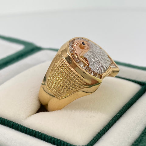 Anillo Aguila Circones Blancos Y Negros Tres oros 18k / Talla 10 3/4 / 7,75 Gr