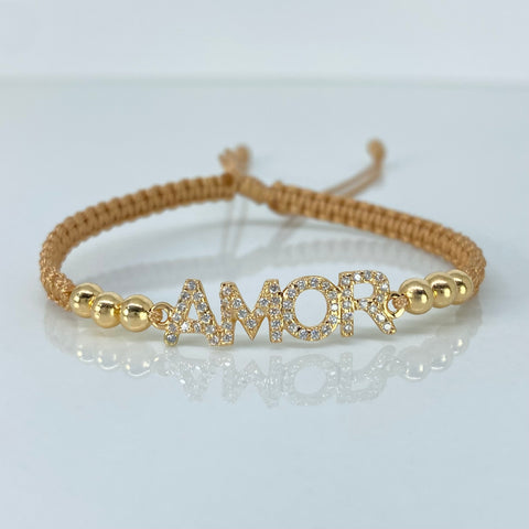 Pulsera tejida Herraje AMOR Circones Blancos / BL 6uni 4mm / Hilo Beige Oro amarillo 18k 1,55 Gr *